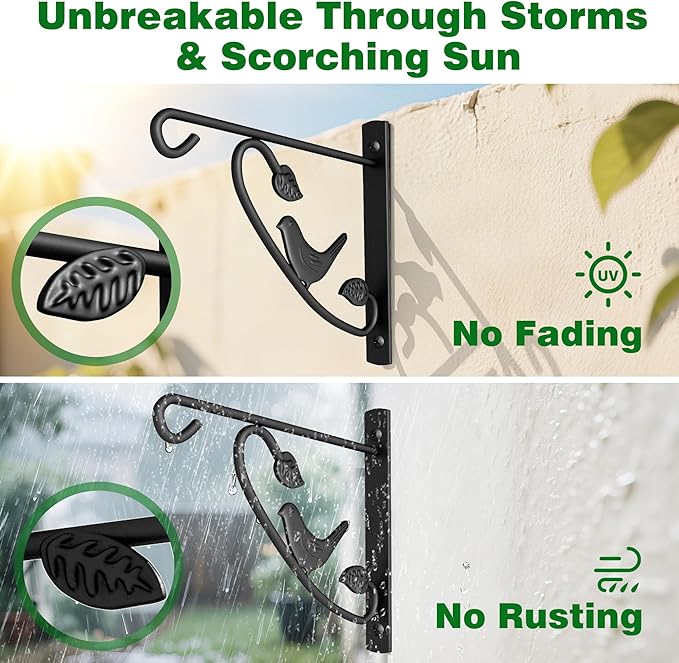 AMAGABELI GARDEN & HOME 4 Pack Hanging Plant Brackets Outdoor 12 inch Metal Fence Wall Plant Hanger Hooks for Hanging Flower Baskets Bird Feeders Lanterns Wind Chimes Rust-Resistant Black