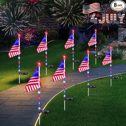 8 Pack Solar American Flag Lights Outdoor, 4th of July Decorations Outdoor, Waterproof Solar Flag Patriotic Lights for Yard, Garden, Pathway, Independence Day, 250th Anniversary (Red White and Blue)