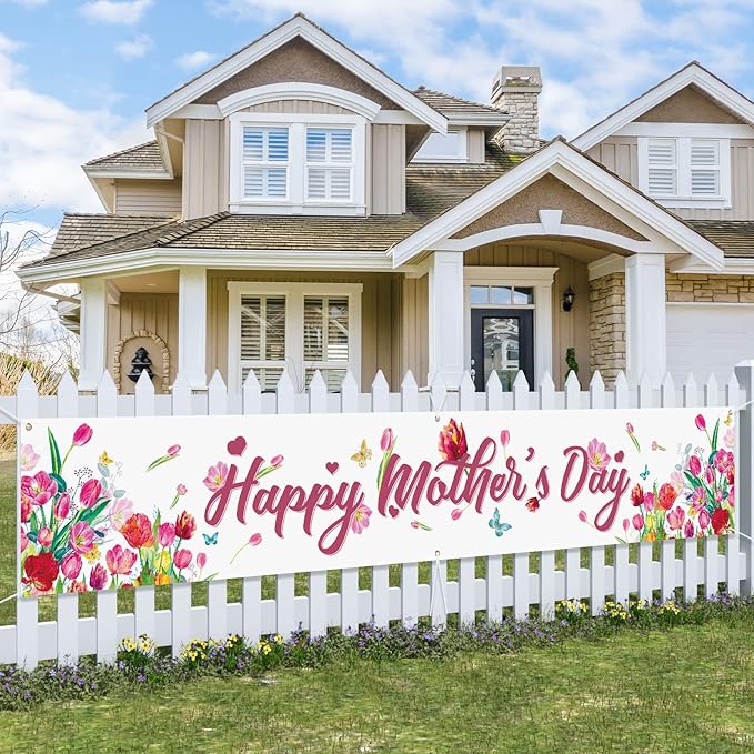 Probsin Large Happy Mother's Day Banner Decorations 120x20 Inch Mothers Day Yard Sign Holiday Hanging Outdoor Decor Tulips Party Supplies for Indoor Outdoor Garden Fence Balcony Welcome Home Decor