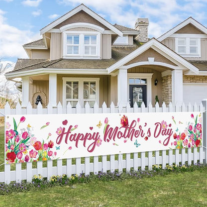 Probsin Large Happy Mother's Day Banner Decorations 120x20 Inch Mothers Day Yard Sign Holiday Hanging Outdoor Decor Tulips Party Supplies for Indoor Outdoor Garden Fence Balcony Welcome Home Decor