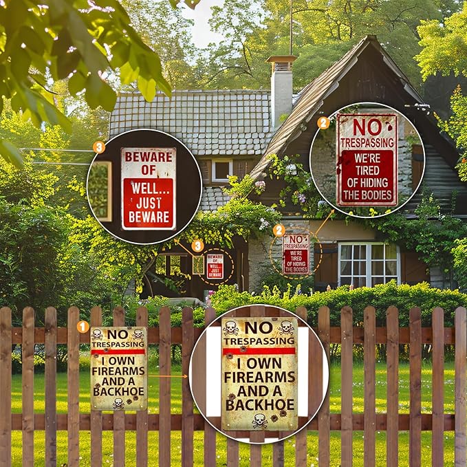 3 PCS Retro Halloween Decor Indoor&Outdoor Warning Signs No Trespassing We're Tired of Hiding The Bodies 7.9x11.8 inch Funny Metal Signs for Yard Gothic Room Wall Decorations