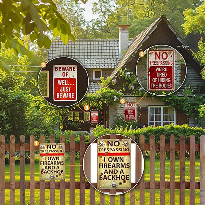 3 PCS Retro Halloween Decor Indoor&Outdoor Warning Signs No Trespassing We're Tired of Hiding The Bodies 7.9x11.8 inch Funny Metal Signs for Yard Gothic Room Wall Decorations