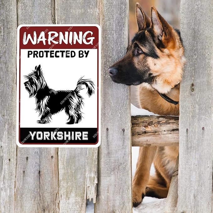 snowsun Warning Metal Signs Protected by Yorkshire Dog Tin Sign for Home Garden Yard Street Wall Decor 8×12 Inches