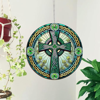 FLAGWIX St Patricks Day Decorations - Saint Patricks Day Decor, Double Layered Hanging Suncatcher 12 inch, Shamrock Celtic Cross for Home Window Garden - Irish Gifts for Men Women Friends Family