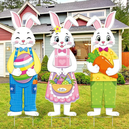 Umigy 3 Pcs Easter Yard Decor Outdoor Bunny Sign with Stakes, Spring 10 x 32 Inch Cute Bunny Egg Carrot Garden Decorations for Party Supplies Prop Patio Lawn