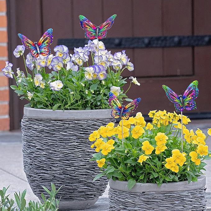 4Pcs Butterfly Garden Stakes Decor, Colorful Butterflies Decorations, Metal Yard Art for Outdoor Lawn Porch Pathway Yard Patio Plant Pot Ornaments (Butterfly- B)