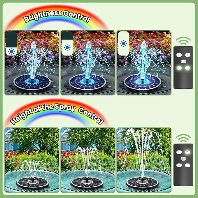 Yzert Remote Solar Fountain 2026, 6W Glass Bird Bath Fountain, 4000 mAh Solar Water Fountain Pump with 7 Nozzles & 4 Fixers, Colorful Lights for Garden, Pond, Pool, Outdoor-Adjust Water Height (8LEDs)
