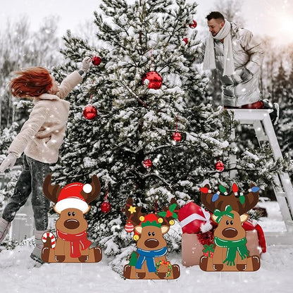 Weysat 3 Pcs Reindeer Christmas Yard Signs with Stakes Waterproof Elk Decoration Outdoor Xmas Reindeer Yard Stakes Lawn Signs for Christmas Holiday Pathway Garden Patio Party Favors (Regular)