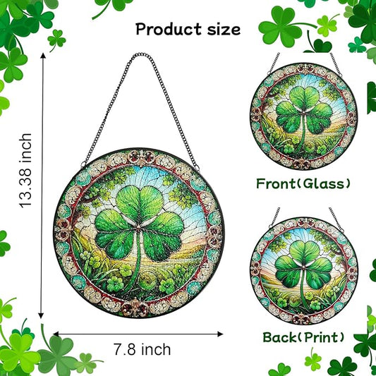 Stained Glass Window Hanging, Shamrock Suncatcher Decor, Clover Wall Art Ornament Decorations for Home Bedroom Garden Farmhouse, Birthday Housewarming Gift for Women Mom, 7.8 Inch