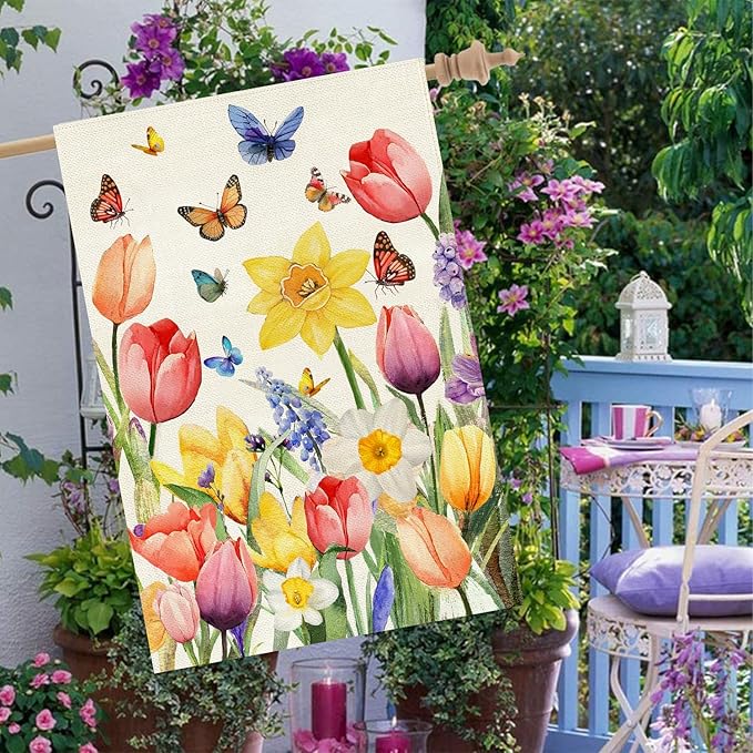 Baccessor Spring Easter Tulip House Flag Double Sided 28x40 Inch Burlap,Daffodil Floral Butterflies Large Garden Flag Porch Patio Front Entry Yard Seasonal Farmhouse Outside Outdoor Decor