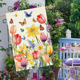 Baccessor Spring Easter Tulip House Flag Double Sided 28x40 Inch Burlap,Daffodil Floral Butterflies Large Garden Flag Porch Patio Front Entry Yard Seasonal Farmhouse Outside Outdoor Decor