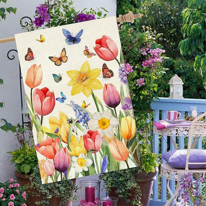 Baccessor Spring Easter Tulip House Flag Double Sided 28x40 Inch Burlap,Daffodil Floral Butterflies Large Garden Flag Porch Patio Front Entry Yard Seasonal Farmhouse Outside Outdoor Decor