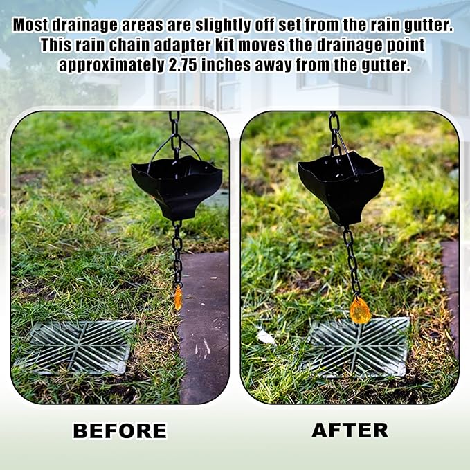 2 Pack Rain Chain Gutter Adapter Kit Installation 7inch Rain Chains for Gutters Chain Downspout Curved Spout Iron for Gutter Downspout Outlet(Black)