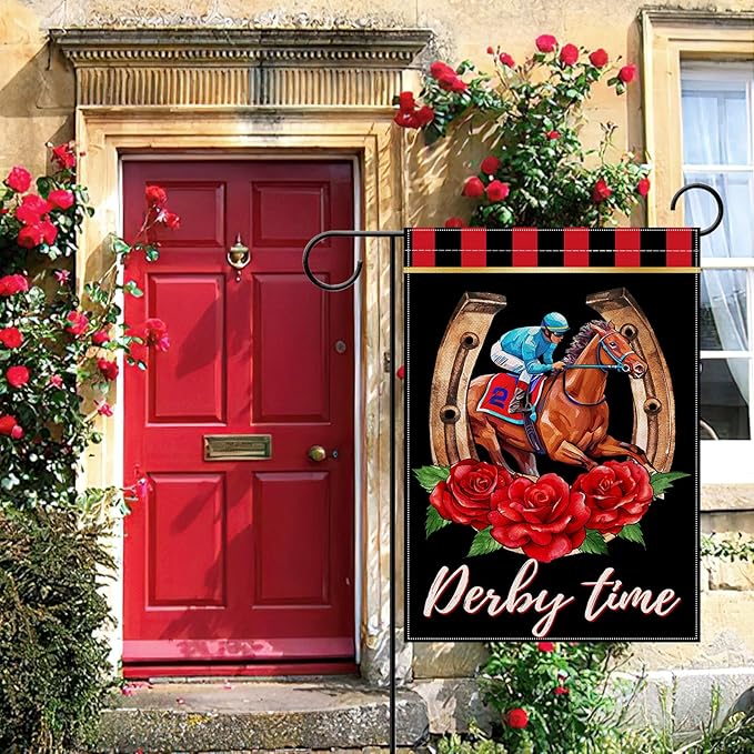 Artofy Derby Time Horse Racing Small Decorative Garden Flag, Kentucky Jockey Rose Flower Black Red Yard Lawn Outside Decor, Horseshoe Burlap Outdoor Home Decoration Double Sided 12 x 18