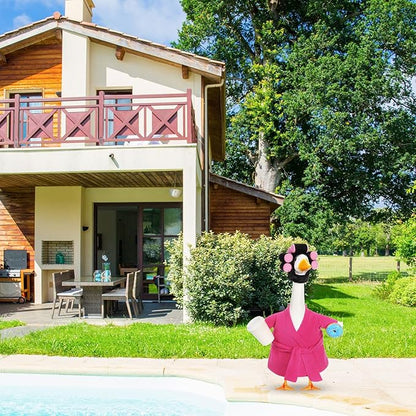 Shyyween Lady Porch Goose Outfits for 23'' Cement Plastic Geese Statue Clothes Hot Pink Bathrobe Curlers Coffee Cup for Outdoor Garden Lawn Yard Patio Decoration