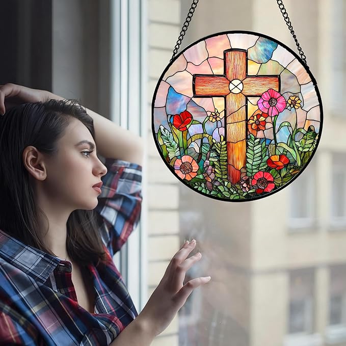 DASTOLL Christian Gifts for Women - Cross Stained Glass Window Hanging Easter Colorful Wildflowers Sun Catcher Garden Religion Decor Mother's Day Catholic Gift for Men Grandma Mom Nana Her 9.8"