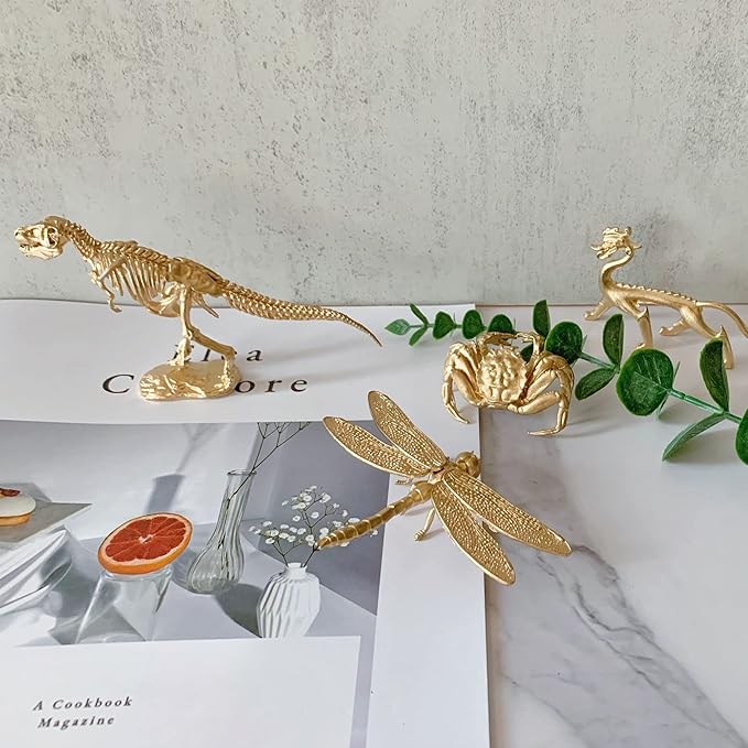 Gold Tyrannosaurus Rex Skeleton Sculpture Solid Metal Animal Ornament Mini Animal Figurine for Home Office Garden Desktop Decor