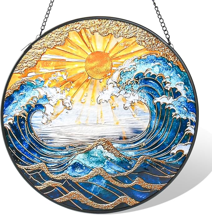 Stained Glass Window Hanging, Blue and White Waves Gold Sunset Suncatcher for Door Garden Kitchen Home Decor, Glass Panel Landscape Sun Catchers for Birthday for Women, Men, Wife, and Mom 11.8 in