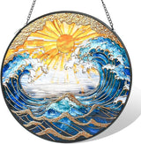Stained Glass Window Hanging, Blue and White Waves Gold Sunset Suncatcher for Door Garden Kitchen Home Decor, Glass Panel Landscape Sun Catchers for Birthday for Women, Men, Wife, Aunt, and Mom 9.8 in