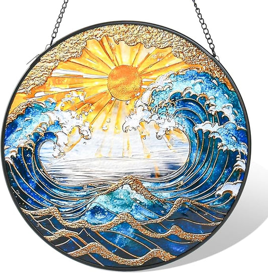 Stained Glass Window Hanging, Blue and White Waves Gold Sunset Suncatcher for Door Garden Kitchen Home Decor, Glass Panel Landscape Sun Catchers for Birthday for Women, Men, Wife, Aunt, and Mom 9.8 in