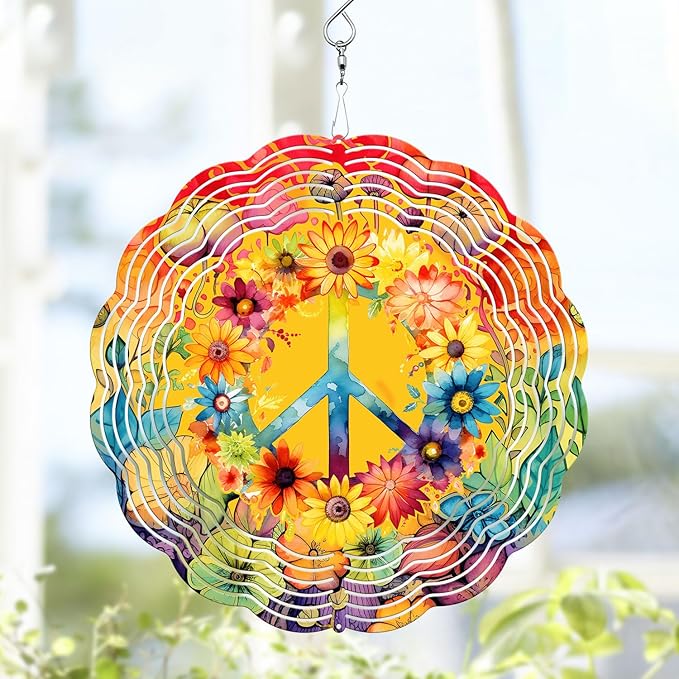 Hippie Wind Spinner, Hippie Stained Glass Wind Spinner, Wind Sculpture Hippie Wind Spinners for Garden Patio Yard Decor