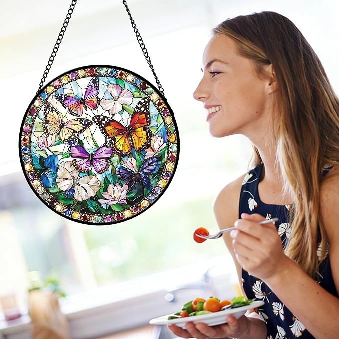 DASTOLL Stained Glass Window Hanging, Colorful Butterfly Suncatcher for Doors Home Sun Catchers Decoration and Christmas, Mother's Day Birthday Gifts for Women, Men, and Mom 9.8 in