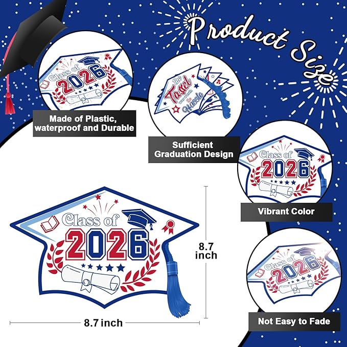 Chunful 12 Pack Graduation Yard Signs Grad Decoration 2026 Happy Graduate Lawn Garden Sign with Stake Congrats Outdoor Plastic Cap Hanging Ornament for Class Pathway Walkway Porch Party(Red Blue)