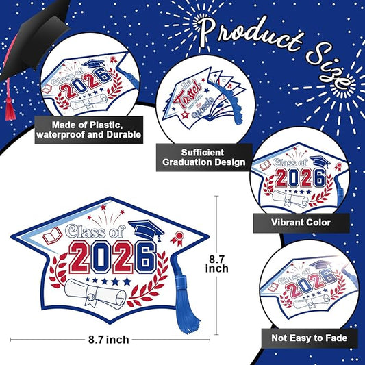 Chunful 12 Pack Graduation Yard Signs Grad Decoration 2026 Happy Graduate Lawn Garden Sign with Stake Congrats Outdoor Plastic Cap Hanging Ornament for Class Pathway Walkway Porch Party(Red Blue)