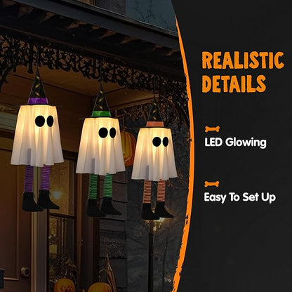 JOYIN 23.6'' 3PCS Halloween Hanging Ghosts Decorations Outdoor, Warm Light Up Ghosts Tree Decor with Witch Hat & Timer, Glowing Halloween Decorations for Yard Patio Garden Outside Haunted House Party