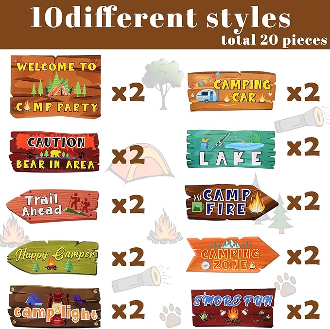 20 Pack Camping Themed Party Decorations Camping Party Directional Signs for Summer Camp Decor Welcome to Camp Birthday Supplies Classroom Wall Door Porch Yard Sign Photo Props Backdrop Supplies