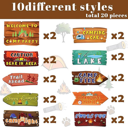 20 Pack Camping Themed Party Decorations Camping Party Directional Signs for Summer Camp Decor Welcome to Camp Birthday Supplies Classroom Wall Door Porch Yard Sign Photo Props Backdrop Supplies