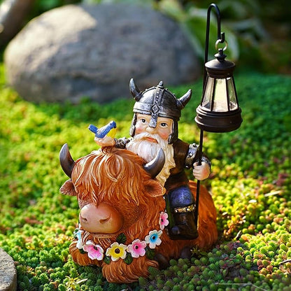 Garden Gnome Outdoor Statue Highland Cow Decor for Yard Patio Lawn Porch Birthday Gifts for Women Men, Mother’s Day, Housewarming with Solar Light Gnome Decor for Outside