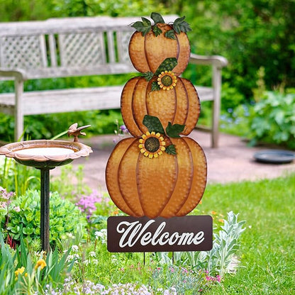 Linfevisi Pumpkin Yard Sign Stakes Stacked Pumpkin Garden Stakes Outdoor Metal Fall Decor Welcome Signs Lawn Ornaments for Autumn Harvest Thanksgiving Halloween 38.4"