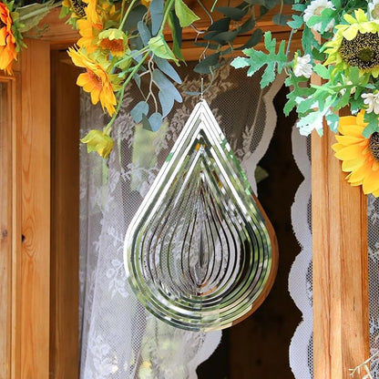 Phuryllic Wind Spinners Outdoor, Garden Decor, Bird Deterrents for Outside, 3D Metal Yard Decorations for Patio & Porch, Unique Gardening Gifts for Women & Moms - 12in Silver Waterdrop