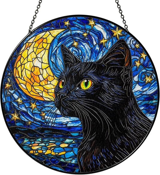 Black Cat Stained Glass Suncatcher Window Hanging Decor for Garden, Starry Night Cat Suncatcher Window Panel Gifts for Cats Lovers, Memorial Gifts for Pet Loss Sympathy Gift for Outdoor Decorations