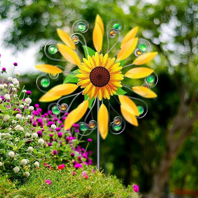 Sunflower Wind Spinner for Garden, Double Wind Sculpture Sunflower Wind Spinner for Garden Patio Yard Decor