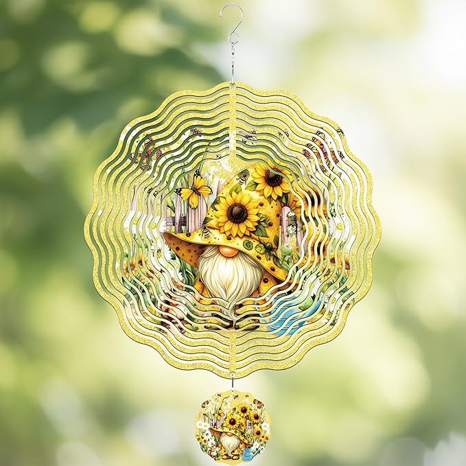 Metal Wind Spinners Outdoor - 3D Kinetic Art Hanging Ornaments Sunflower Gnome Wind Spinner Patio Lawn Garden Yard Balcony Indoor Home Decor Gnomes Gifts for Women Mom Grandma Wife Friends