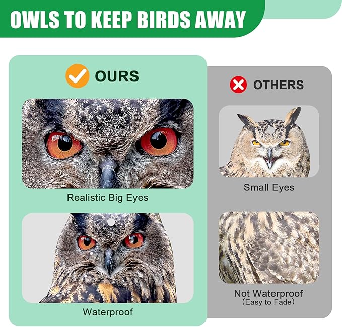Owls to Keep Birds Away: 4Pack Fake Owl with Reflective Tape for Vineyard Garden Patio Pool, Reflective Hanging Decoration to Keep Birds Pigeon from Windows Tree Orchard