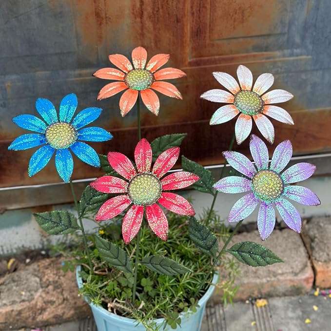 5Pcs Outdoor Metal Flowers for Outside - Decorative Garden Stakes with Sunflower Design, Spring Yard Art Decor for Lawn Porch Patio Fence | Metal Garden Decor Stakes.