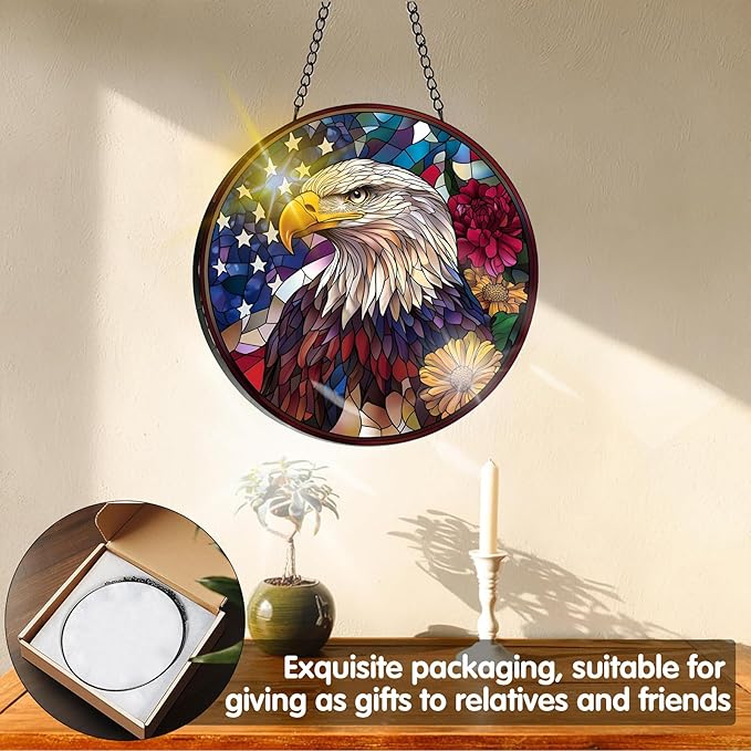 VAIIEYO Eagle Sun Catcher Stained Glass Window Hanging Ornament, Handmade Bird Sun Catcher Animal Decoration with Hooks for Window Garden Home, Mother's Day & Birthday Housewarming Gift (7.8 inch)