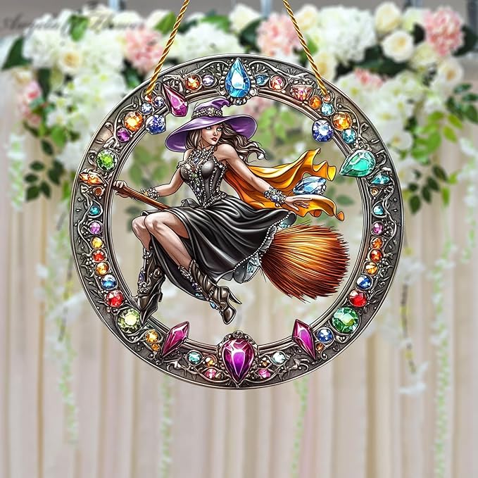 8x8 inch Charming The Witch Rides A Broom Acrylic Stained Glass Window Hanging Sun Catcher Decor Stained Panel Hangings Wall Art Decor, for Friends and Family (Witch Broom)