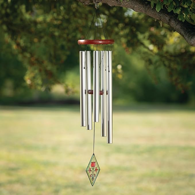 Woodstock Wind Chimes 26" Tulip Botanical Chime, Flower Stained-Glass Acrylic Wind Catcher Chimes Silver Aluminum Tubes, Windchime for Outside Garden Decor, Outdoor Patio and Front Porch