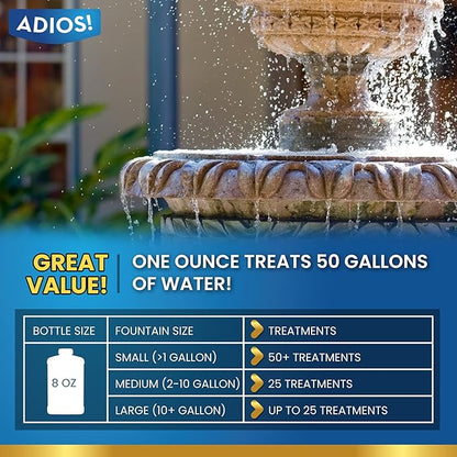 Adios! Fountain Scale Remover for Calcium, Lime and Hard Water Deposits on Bird Fountains, Baths and Water Features (8 oz)
