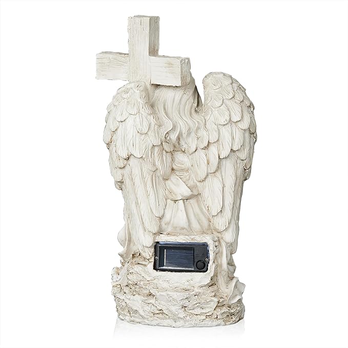 Alpine Corporation KGD574SLR Solar Angel Holding Cross Statue with LED Lights, Sentimental Decor for Garden, 14" H, White