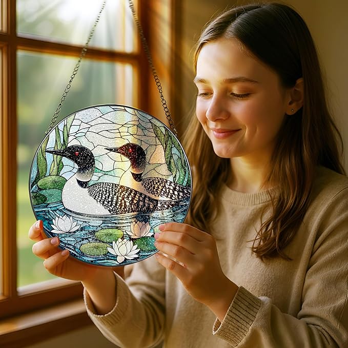 8-Inch Loon Birds Stained Glass Suncatcher Ornament, Stained Glass Window Hanging, Window Hanging Decor – Christmas, Birthday | Gifts for Bird Lover, Friend, Couples, Family | Holiday Decorations