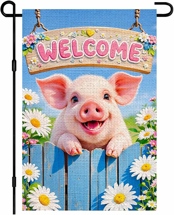 IVN Welcome Pig Spring Garden Flag 12x18 Inch Funny Piglet Watercolor Blue Garden Gate Fence Daisies Pink Flower Dasiy Watering Can Floral Double Sided Burlap Vertical Small Yard House Flag Seasonal Outdoor Decoration for Outside Home Front Door Lawn P...