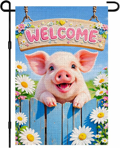 IVN Welcome Pig Spring Garden Flag 12x18 Inch Funny Piglet Watercolor Blue Garden Gate Fence Daisies Pink Flower Dasiy Watering Can Floral Double Sided Burlap Vertical Small Yard House Flag Seasonal Outdoor Decoration for Outside Home Front Door Lawn P...
