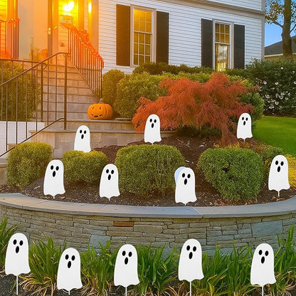 Shimeyao 6 Pcs Metal Halloween Ghost Garden Stakes Halloween Yard Signs Outdoor Decor 12 Inch White Ghost Yard Signs for Home Lawn Porch Holiday Front Backyard