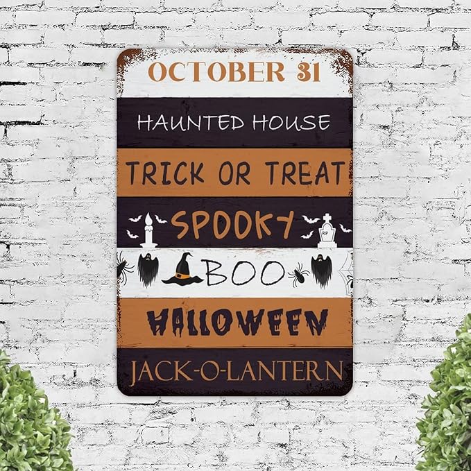 October 31 Happy Halloween Trick Or Treat Be Ware Spooky Ghost Aluminum Tin Metal Sign for Indoor Outdoor Business Retail Store Patio Yard Home Decor Wall Art Print Poster 12"x18"