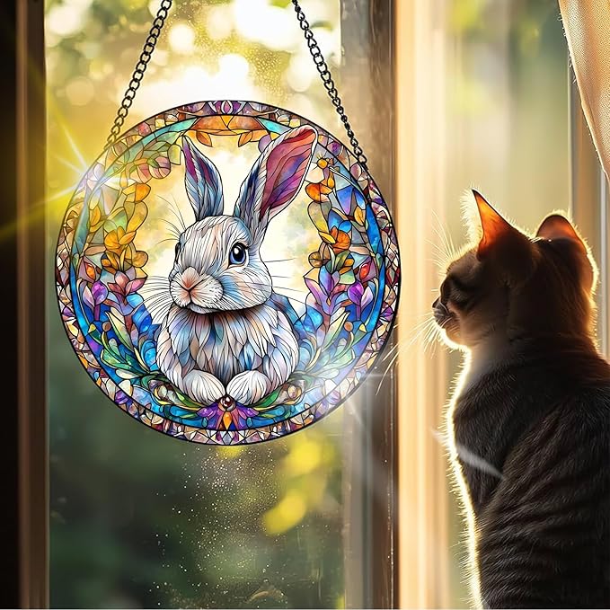 VAIIEYO Rabbit Sun Catcher Stained Glass Window Hanging Ornament, Handmade Sun Catcher Animal Decoration with Hooks for Window Garden Home, Mother's Day & Birthday Housewarming Gift (7.8 inch)